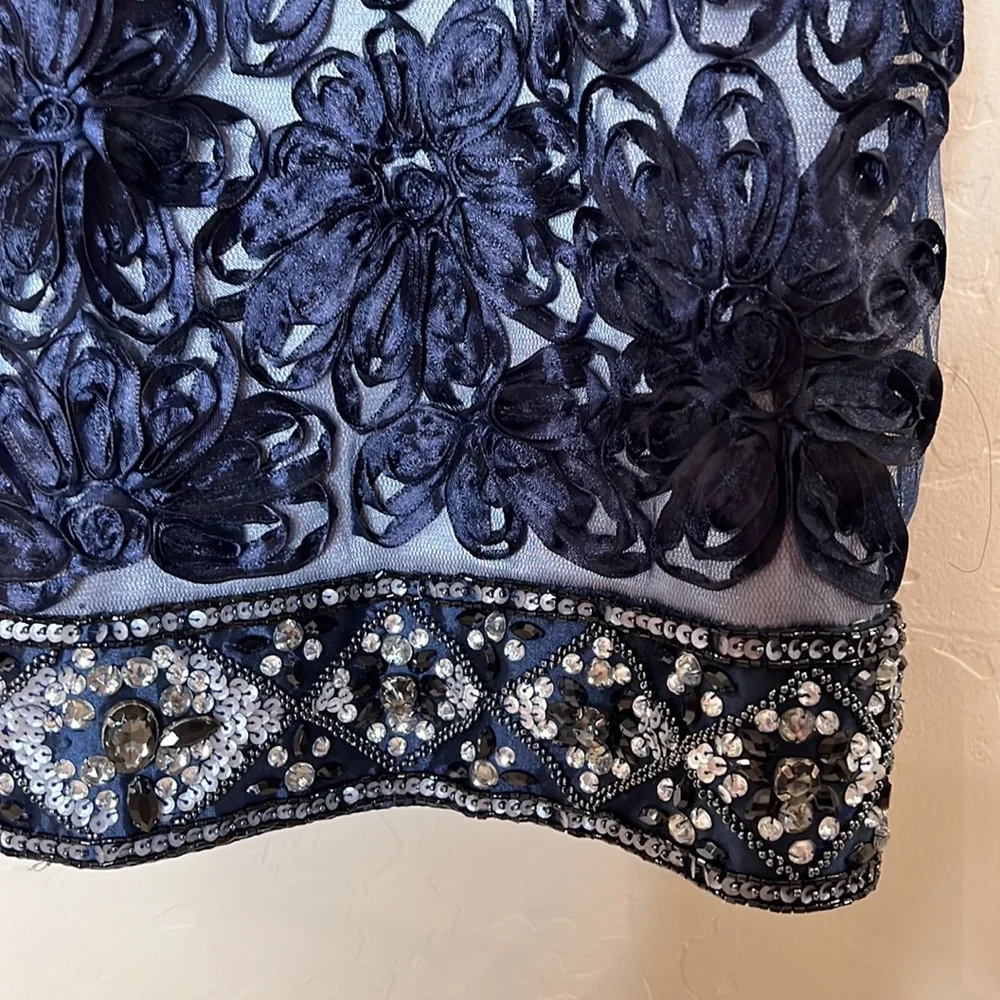 SUE WONG Blue Embellished and Embroidered Ribbon Floral Strapless Dress - Picture 5 of 11